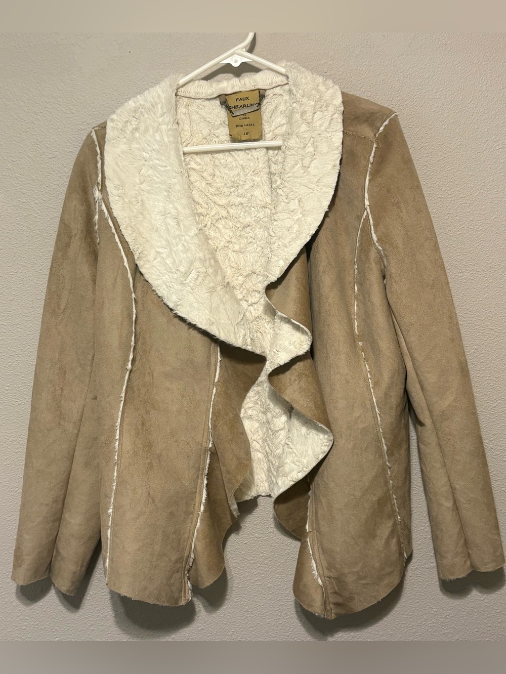 Faux Shearling Open-Front Teddy Jacket - Taupe/White